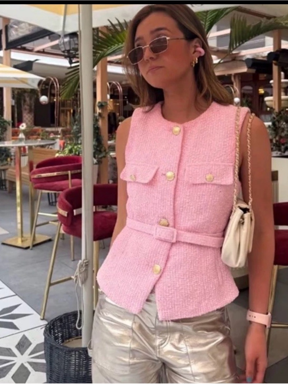 Zara Pink Tweed Vest Jacket with Gold Buttons and Belt